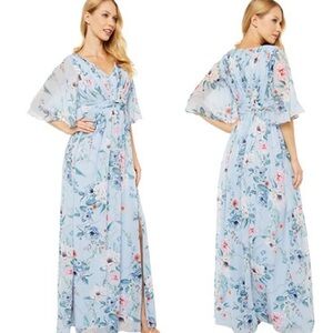 Adrianna Papell Blue Floral Maxi Dress size 14 lined chiffon feminine flattering